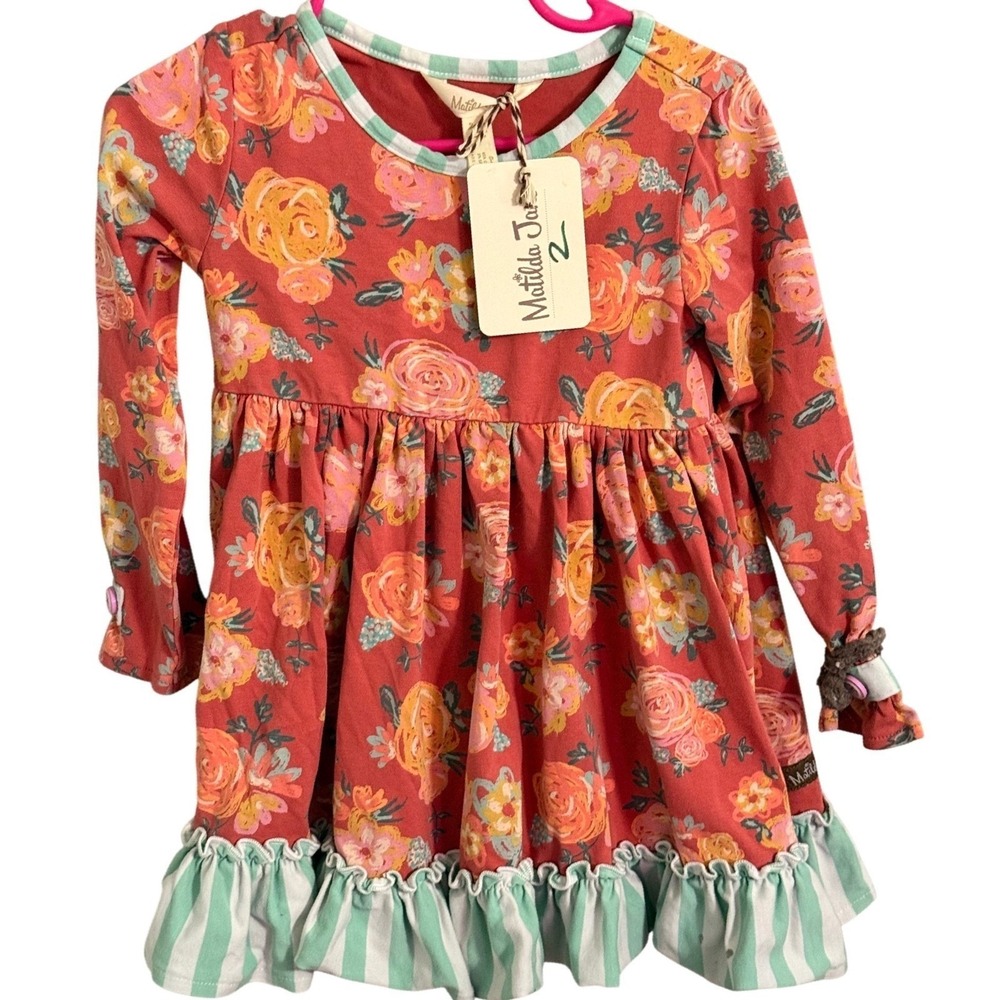 Matilda Jane Girls Coral Floral Ruffle Hem Dress Size 2